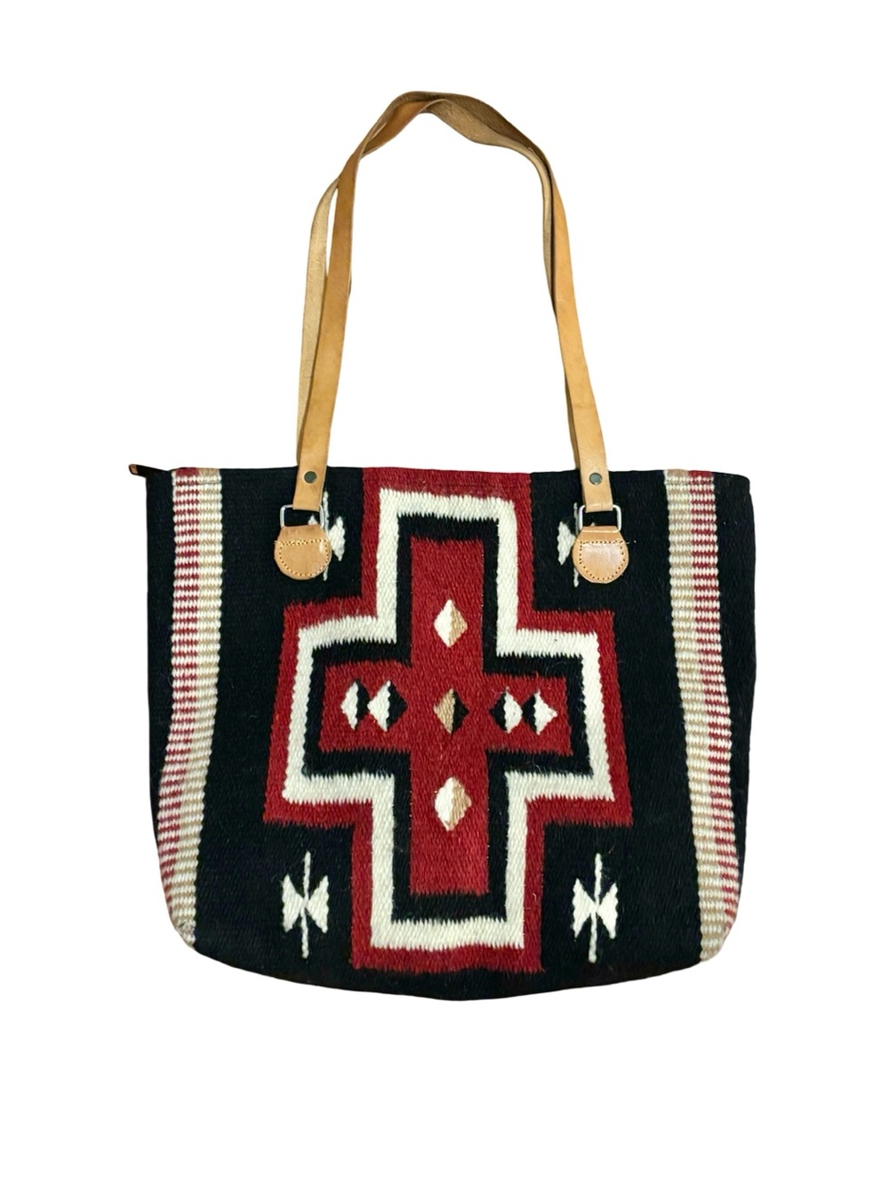 Handwoven 100% Woold Southwestern Cross Tote Bag in Black & Red